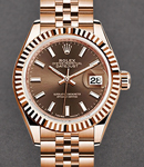 Datejust 28mm Automatic in Rose Gold with Fluted Bezel on Rose Gold Jubilee Bracelet with Chocolate Stick Dial