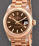 Ladies Datejust 28mm in Rose Gold with Fluted Bezel on President Bracelet with Chocolate Stick Dial
