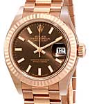 Ladies Datejust 28mm in Rose Gold with Fluted Bezel on President Bracelet with Chocolate Stick Dial