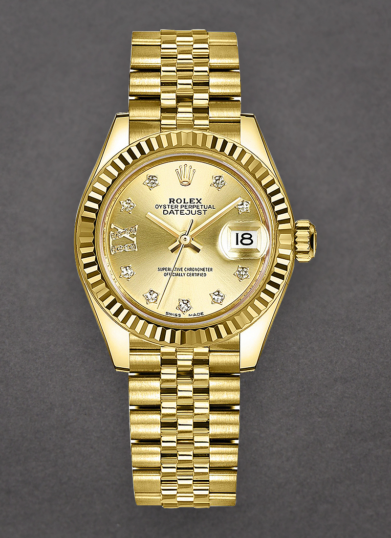 Rolex Unworn Datejust Ladies 28mm Automatic in Yellow Gold with Fluted Bezel