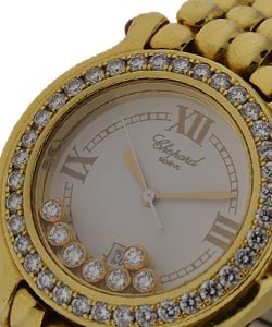 Happy Sport Round in Yellow Gold with Diamond Bezel On Bracelet with White Dial - 7 Floating Diamonds - Discontinued 