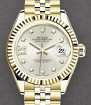 Datejust Ladies 28mm in Yellow Gold with Fluted Bezel on Jubilee Bracelet with Silver Diamond Dial