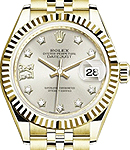 Datejust Ladies 28mm in Yellow Gold with Fluted Bezel on Jubilee Bracelet with Silver Diamond Dial