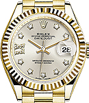 Ladies Datejust 28mm in Yellow Gold with Fluted Bezel on Bracelet with Silver Diamond Dial