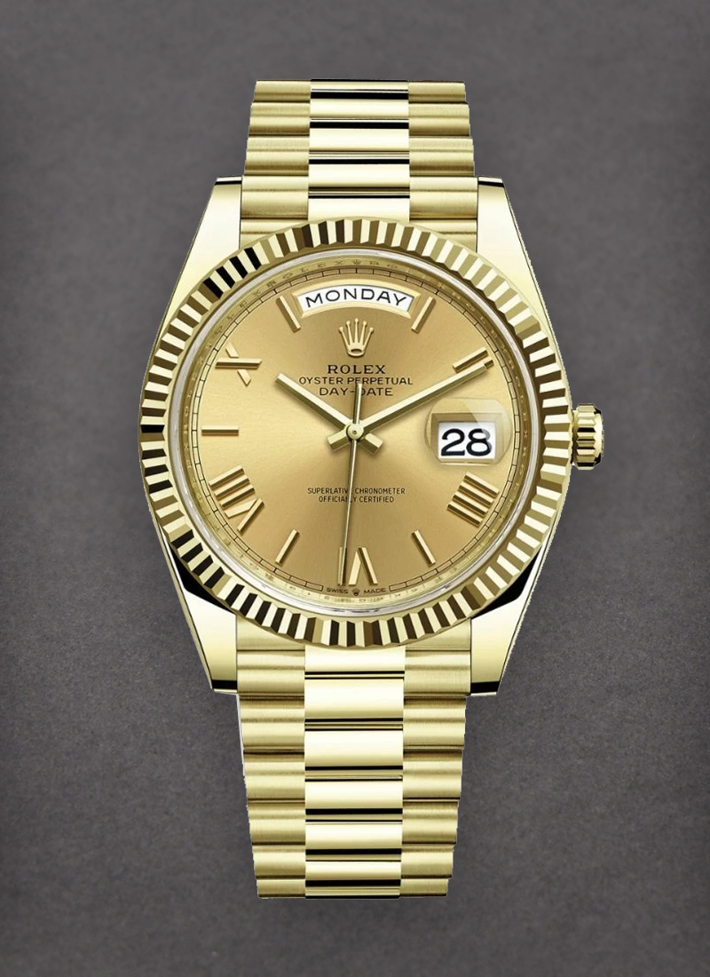 Rolex Unworn Day Date President 40mm in Yellow Gold with Fluted Bezel