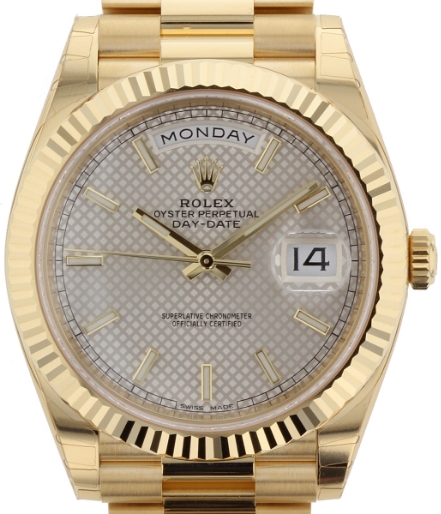Day Date 40mm Automatic in Yellow Gold with Fluted Bezel on Yellow Gold President Bracelet with Silver Diagonal Motif Stick Dial