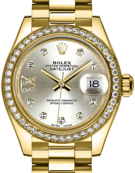 Ladies Datejust 28mm in Yellow Gold with Diamond Bezel on President Bracelet with Silver Diamond Dial