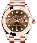 Datejust 28mm Automatic in Rose Gold with Domed Bezel on Rose Gold President Bracelet with Chocolate Diamond Dial