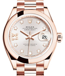 Datejust 28mm Automatic in Rose Gold with Domed Bezel on Rose Gold President Bracelet with Sundust Diamond Dial