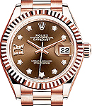 Datejust 28mm Automatic in Rose Gold with Fluted Bezel on Bracelet with Chocolate Diamond Dial