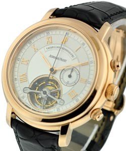 Jules Audemars Tourbillon Chronograph Ref 25909 in Rose Gold on Black Leather Strap with Silver Dial