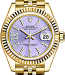 Datejust 28mm Automatic in Yellow Gold with Fluted Bezel on Yellow Gold Jubilee Bracelet with Lilac Stripe Dial