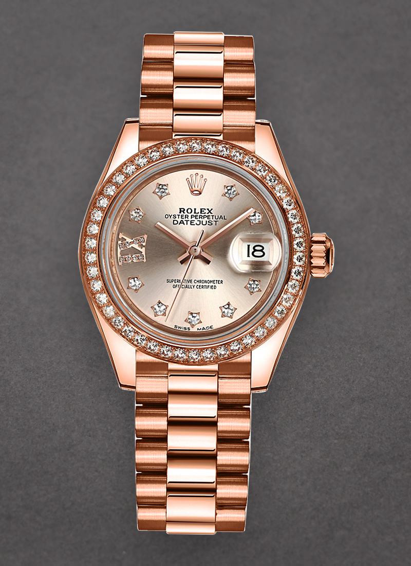 Rolex Unworn Datejust 28mm Ladies in Rose Gold with Diamond Bezel