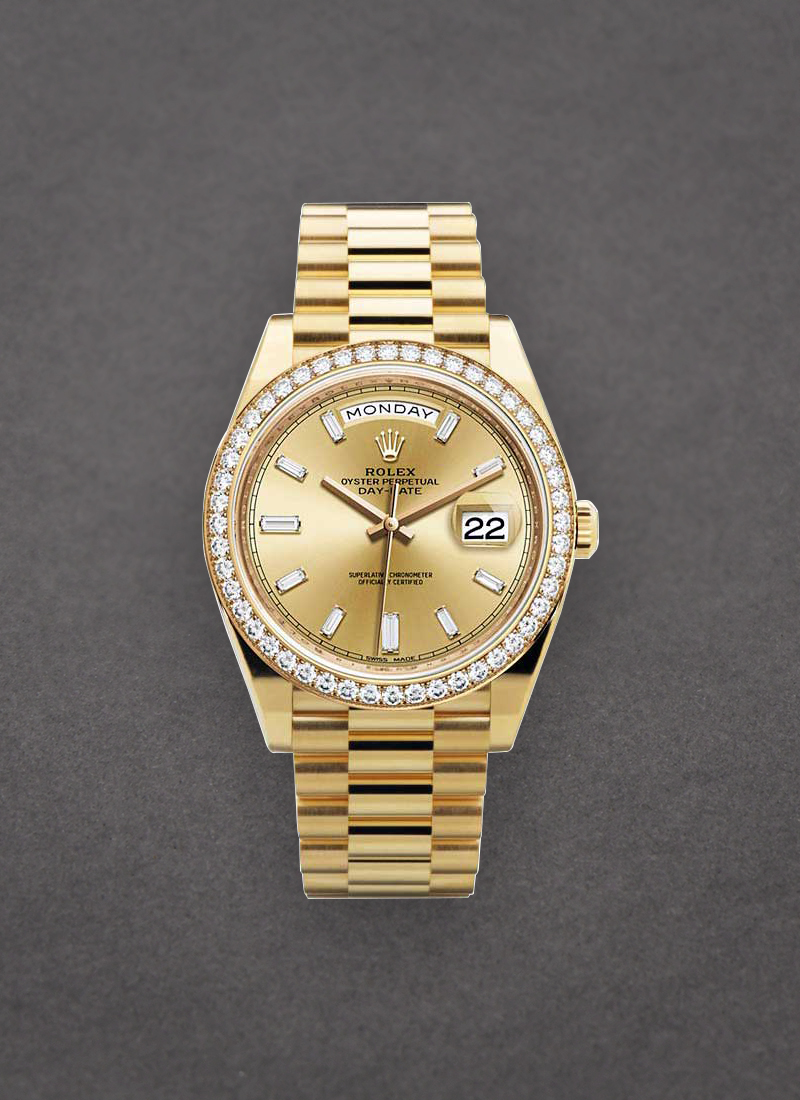 Day Date President 40mm in Yellow Gold with Diamond Bezel on President Bracelet with Champagne Diamond Dial 228348CHBDP