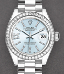 Datejust Ladies 28mm in Platinum with Diamond Bezel on President Bracelet with Ice Blue Diamond Dial