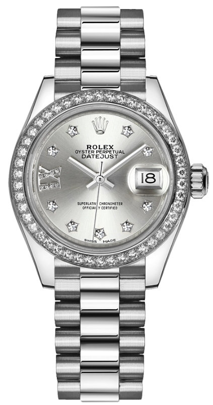 Datejust Ladies 28mm Automatic in Platinum with Diamond Bezel On Platinum President Bracelet with Silver Star Diamond Dial