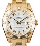 Midsize Masterpiece 34mm in Yellow Gold with Diamond Bezel on Yellow Gold Pearlmaster Bracelet with MOP Roman Dial