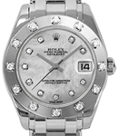 Masterpiece Mens 34mm Automatic in White Gold with 12 Diamond Bezel on White Gold Pearlmaster Bracelet with Mother of Pearl Diamond Dial