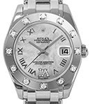 Masterpiece Mens 34mm Automatic in White Gold with 12 Diamond Bezel on White Gold Bracelet Pearlmaster with Mother of Pearl Roman Dial