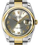 Datejust 36mm in Steel with Yellow Gold Smooth Bezel on Oyster Bracelet with Grey Roman Dial