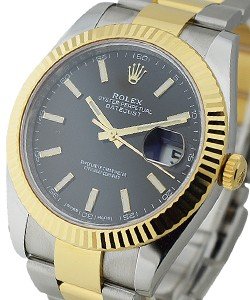 Datejust 41mm in Steel with Yellow Gold Fluted Bezel on Oyster Bracelet with Black Index Dial