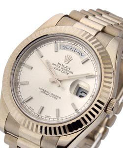 President Day Date 41mm in White Gold Fluted Bezel on President Bracelet with Silver Stick Dial