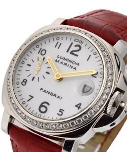 PAM 179 - Marina with original Diamond Bezel in Steel on Red Leather Strap with White dial with Gold Hands -only 10pcs produced