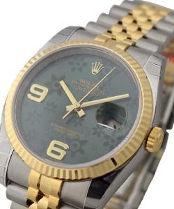 Datejust 36mm in Steel with Yellow Gold Fluted Bezel on Jubilee Bracelet with Green Floral Dial