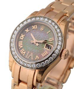 29mm Pearlmaster in Rose Gold with Diamond Bezel on Rose Gold Pearlmaster Bracelet with Chocolate Lotus Flower Motif Roman Dial