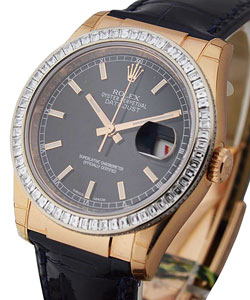 Datejust in Rose Gold with Diamond Bezel on Black Alligator Leather Strap with Black Stick Dial