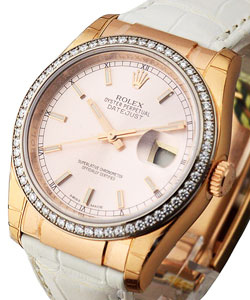 Datejust in Rose Gold with Diamond Bezel on White Alligator Leather Strap with Silver Stick Dial
