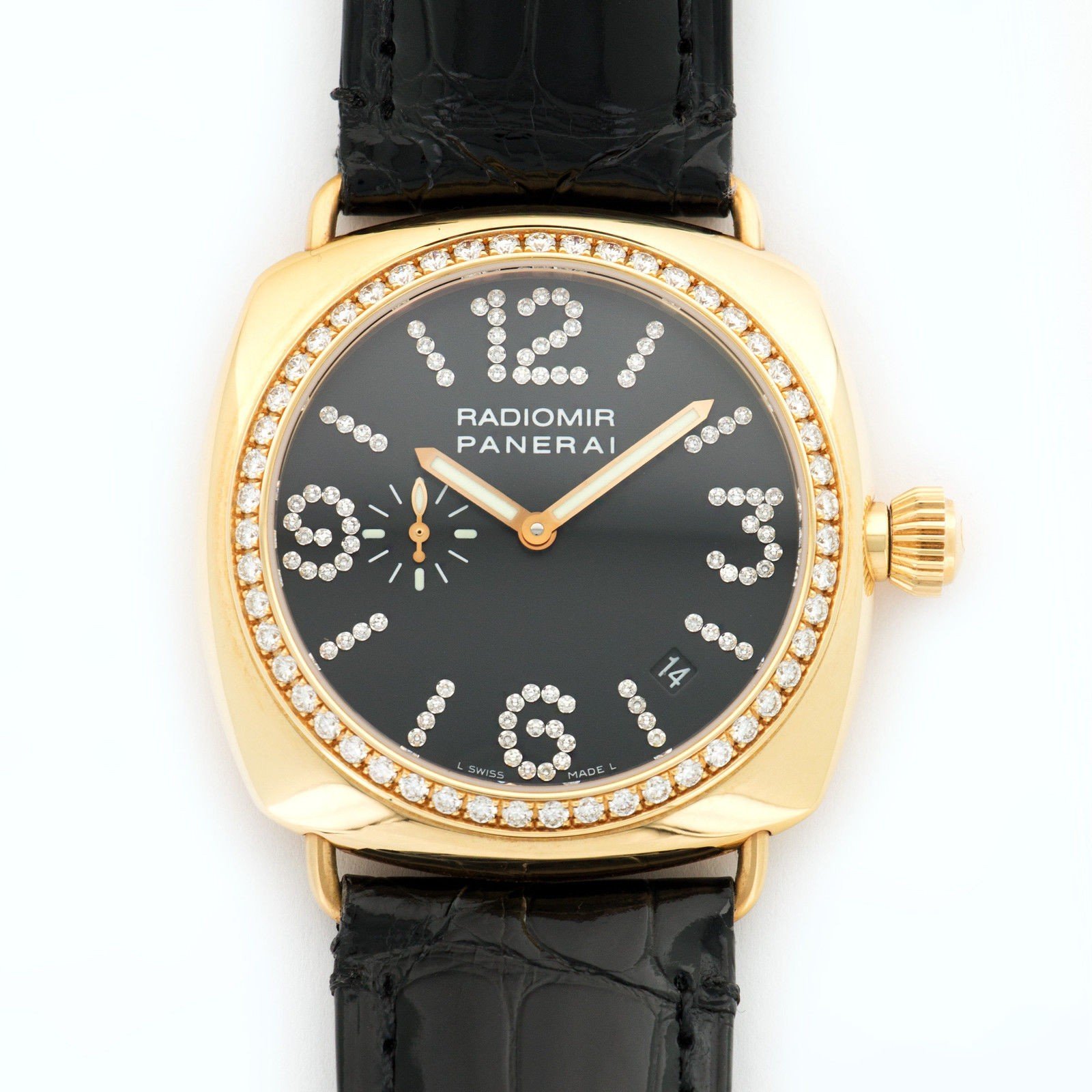 PAM 139 - Radiomir in Rose Gold with Diamond Bezel on Back Alligator Leather Strap with Black Diamond Dial