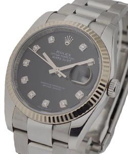 Datejust 36mm in Steel with White Gold Fluted Bezel on Oyster Bracelet with Black Diamond Dial