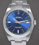 Oyster Perpetual 39mm in Steel with Domed Bezel on Oyster Bracelet with Blue Stick Dial