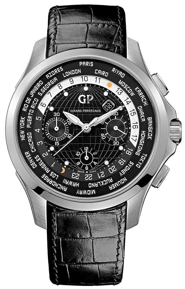 World Time Chronograph Traveller Mens Automatic - Steel On Black Crocodile Strap with Black Dial