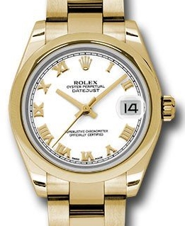 Datejust 31mm Mid Size in Yellow Gold with Domed Bezel on Yellow Gold Oyster Bracelet with White Roman Dial