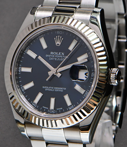 Datejust II 41mm in Steel with Fluted Bezel on Oyster Bracelet with Blue Stick Dial