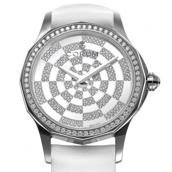 Admiral's Cup Legend Lady in Steel with Diamond Bezel on White Satin Strap with Silver Pave Diamond Dial
