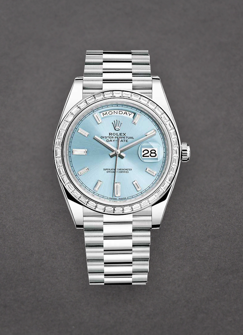 Rolex Unworn Day Date 40mm President in Platinum with Diamond Bezel