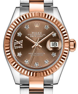 2- Tone Datejust 28mm with Rose Gold Fluted Bezel on Oyster Bracelet with Chocolate Dial with Star Diamond Pave Roman 9