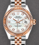 Datejust Ladies 28mm in Steel with Rose Gold Fluted Bezel on Bracelet with White Mother of Pearl Diamond Dial