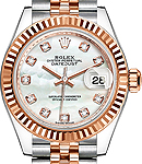 Datejust Ladies 28mm in Steel with Rose Gold Fluted Bezel on Bracelet with White Mother of Pearl Diamond Dial