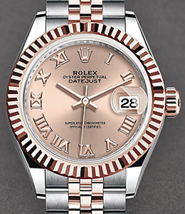 Datejust Ladies 28mm Automatic in Steel with Rose Gold Fluted Bezel on Jubilee Bracelet with Sundust Roman Dial