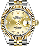Datejust Ladies 28mm in Steel with Yellow Gold Fluted Bezel on Jubilee Bracelet with Champagne Star Diamond Dial