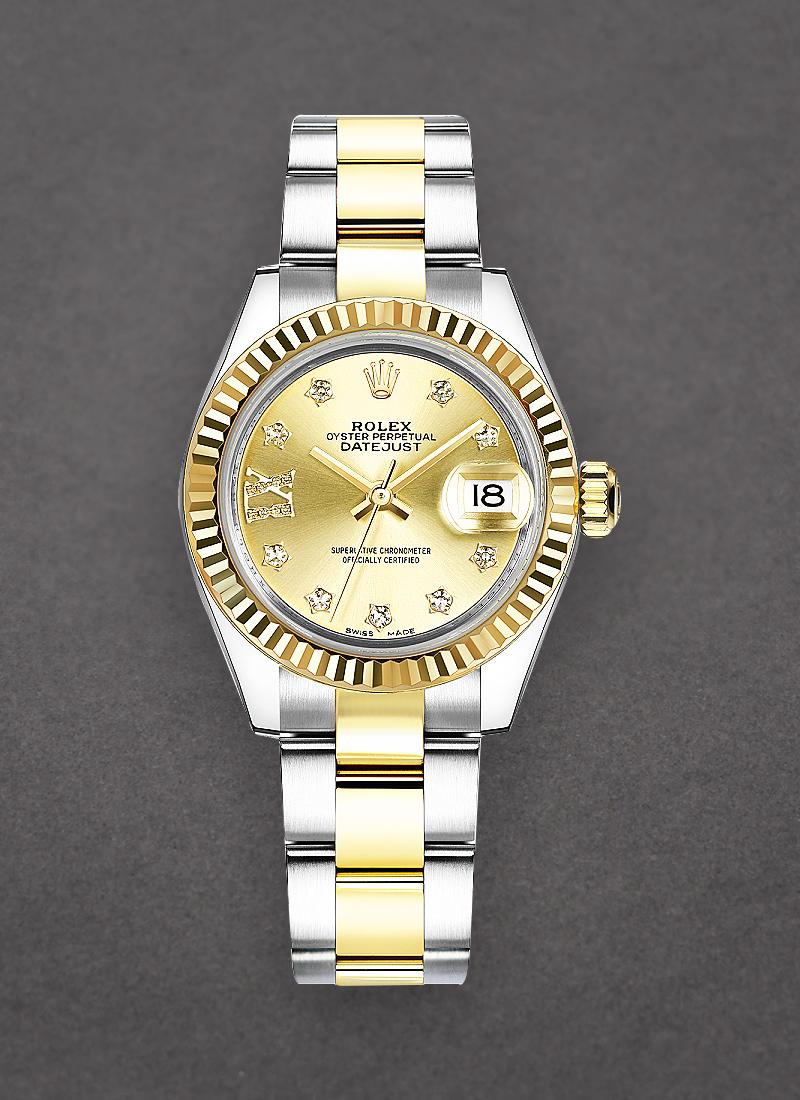 Rolex Unworn Datejust Ladies 28mm Automatic in Steel with Yellow Gold Fluted Bezel