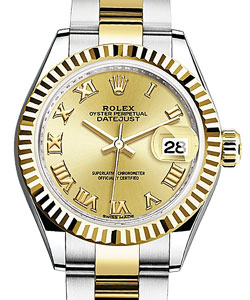 Ladies Datejust 28mm in Steel with Yellow Gold Fluted Bezel on Oyster Bracelet with Champagne Roman Dial