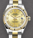 Ladies Datejust 28mm in Steel with Yellow Gold Fluted Bezel on Oyster Bracelet with Champagne Roman Dial