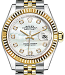 Datejust 28mm in Steel and Yellow Gold with Fluted Bezel on 2-Tone Jubilee Bracelet with White MOP Diamond Dial