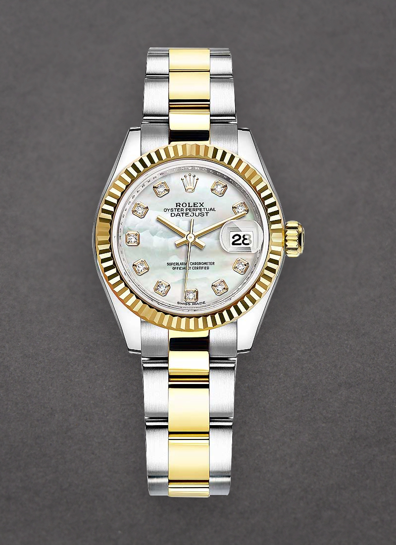 Rolex Unworn Datejust Ladies 28mm in Steel with Yellow Gold Fluted Bezel