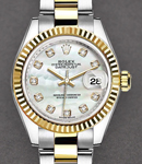 Datejust Ladies 28mm in Steel with Yellow Gold Fluted Bezel on Bracelet with Mother of Pearl Diamond Dial